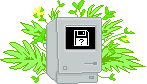 A retro Macintosh computer with a question mark on its screen, surrounded by animated green leaves. source: https://one.compost.digital/stickers/